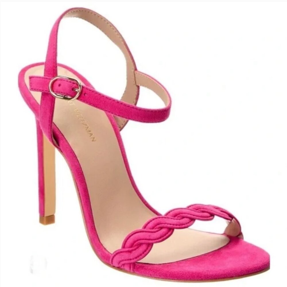 Stuart Weitzman Pink Suede Braided Strap Stiletto Sandals